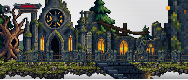 A ruined gothic church beside the Road, with a stone staircase going down