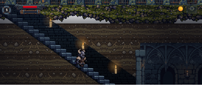 The hero going down the stone staircase, with lit candles on the earth wall