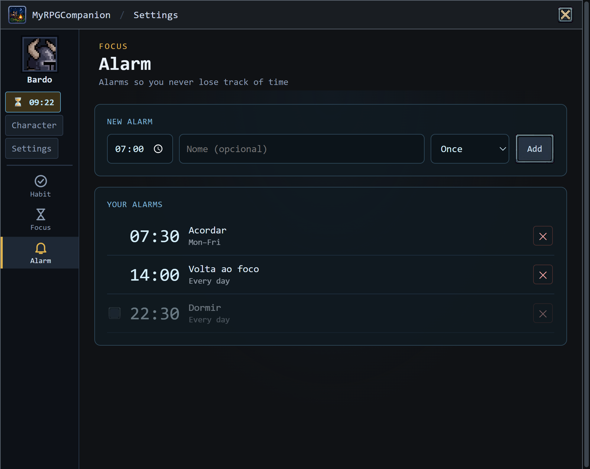 Alarm screen with three alarms