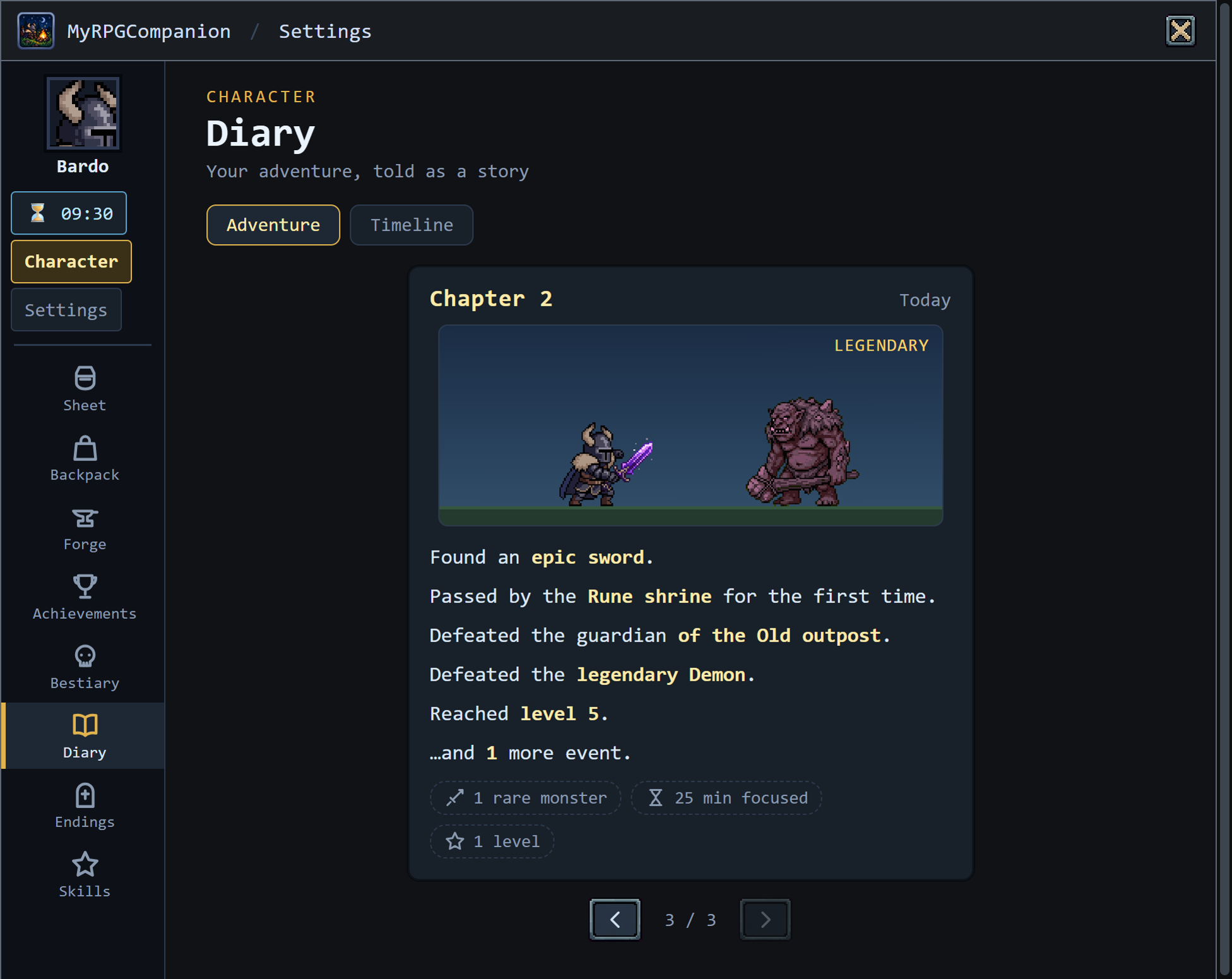 Diary screen, with the page of one day: a fight against a legendary monster, the story text and the page number