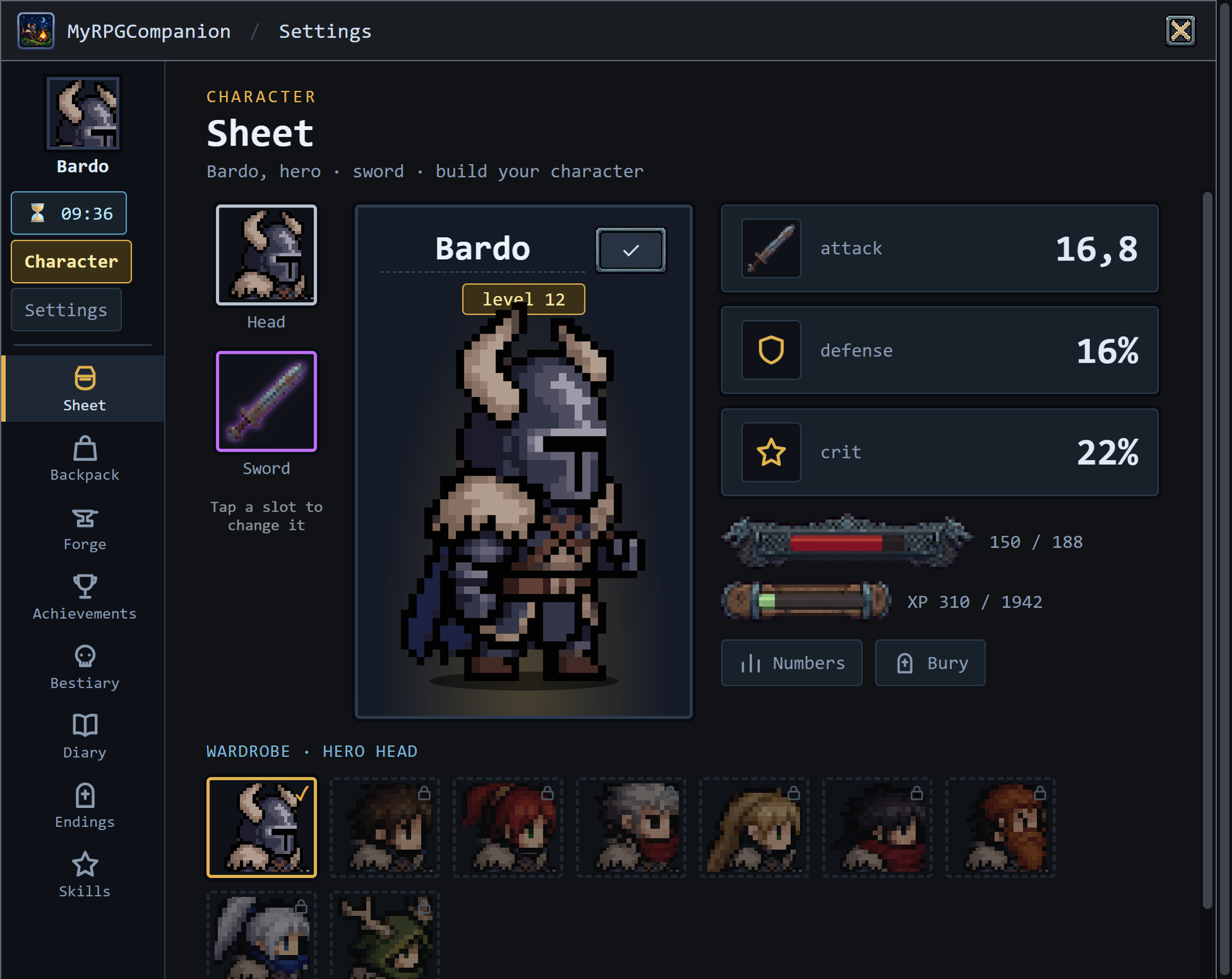 Backpack screen, with weapons of several rarities, coins, herbs and potions