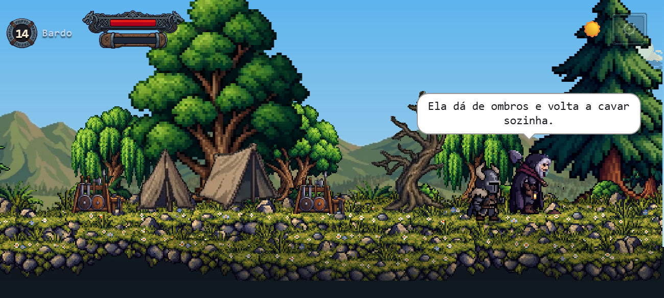 A Hilda, de capuz, fala com o herói perto de um acampamento: ela dá de ombros e volta a cavar sozinha