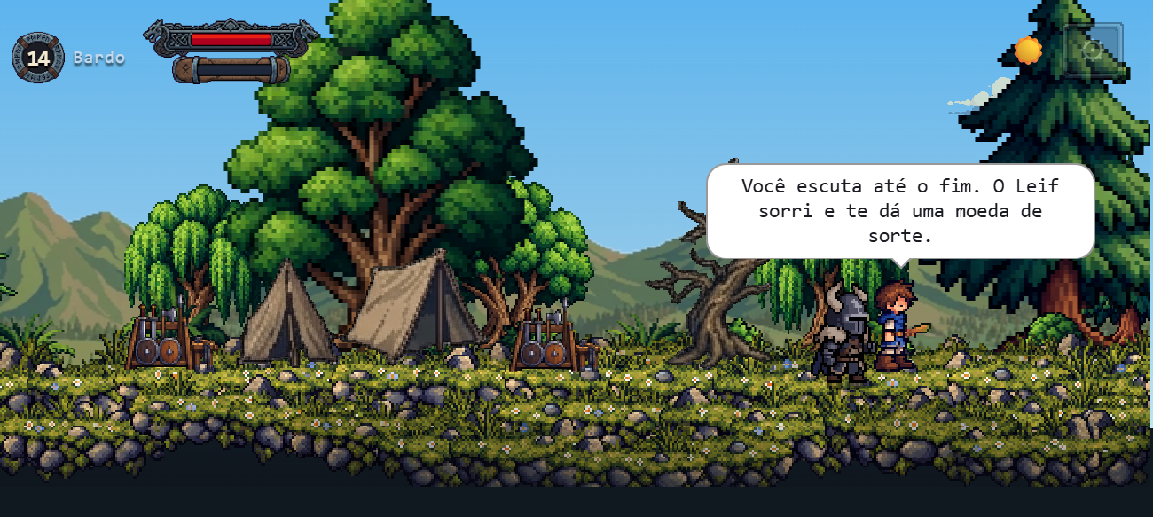 O Leif, um menino de camisa azul, conversa com o herói e dá a ele uma moeda de sorte