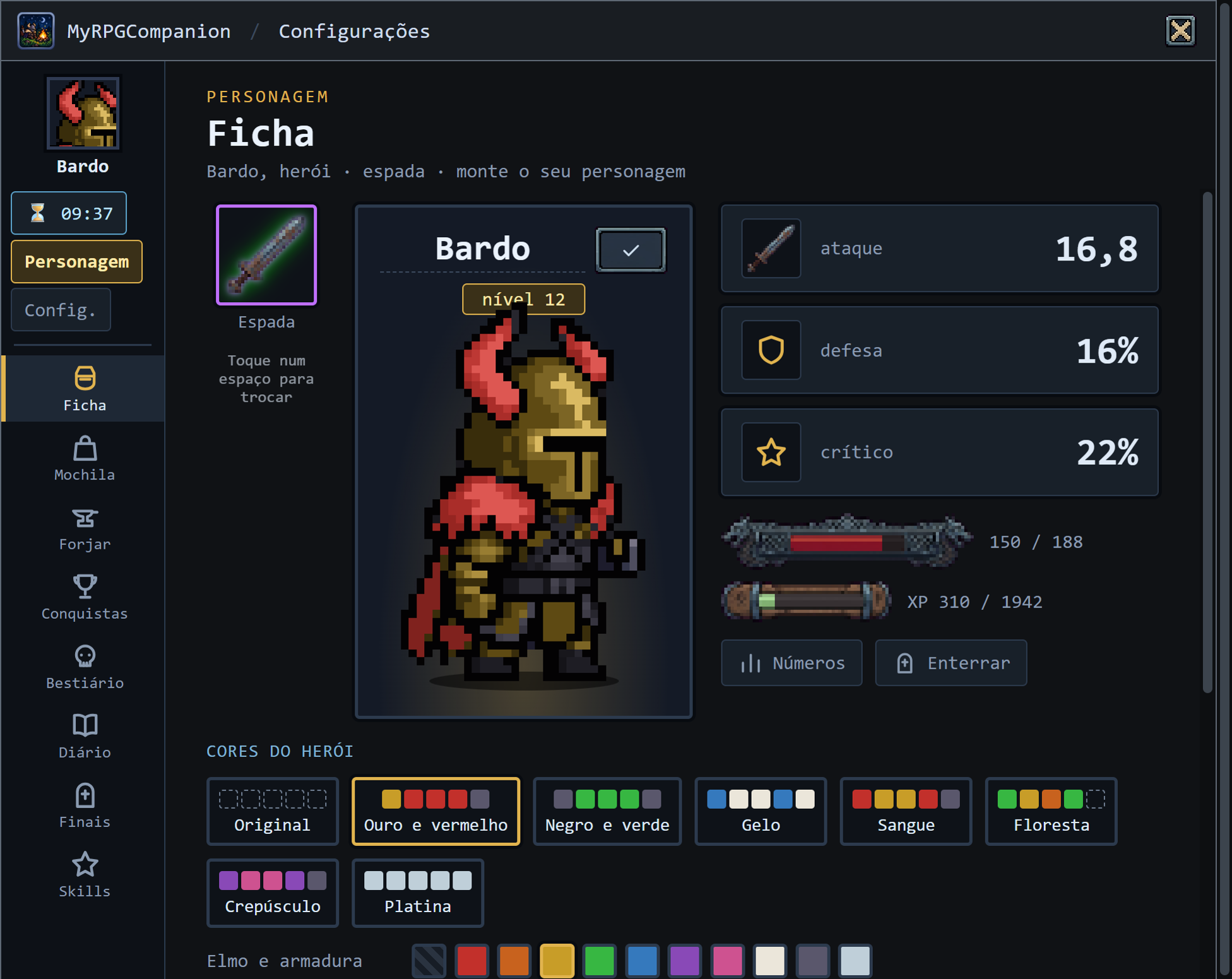 Tela da ficha do herói, com o espaço da arma, runas de ataque, defesa e crítico, barras de vida e XP e as cores do herói