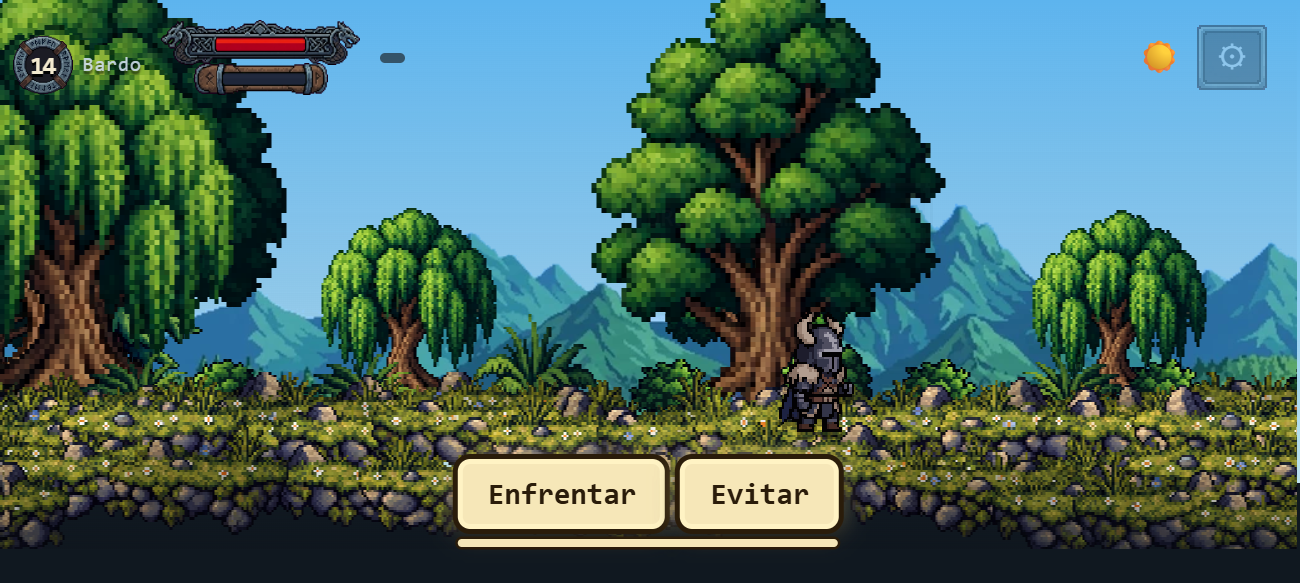 O herói diante de um guardião, com os botões Enfrentar e Evitar na parte de baixo da janela